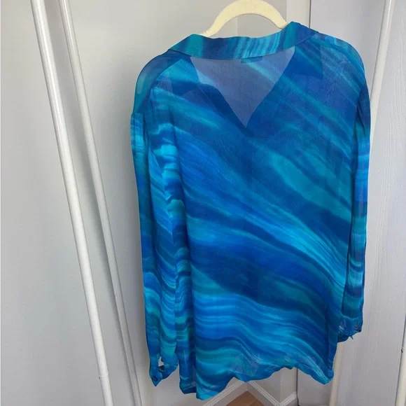 Vibrant Blue and Green Sheer Button-Up - Picture 2 of 5